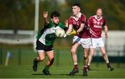 26 October 2019; James Higgins of Kenagh GAA in action against Conor O'Brien of Berlin GAA during the AIB Leinster Club Junior Football Championship Round 1 match between Berlin GAA and Kenagh GAA at GAA Centre of Excellence at Abbottstown, Dublin. Photo by David Fitzgerald/Sportsfile