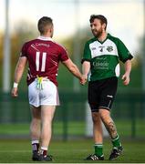 26 October 2019; Eric Kennefick of Berlin GAA shakes hands with David Jones of Kenagh GAA following the AIB Leinster Club Junior Football Championship Round 1 match between Berlin GAA and Kenagh GAA at GAA Centre of Excellence at Abbottstown, Dublin. Photo by David Fitzgerald/Sportsfile