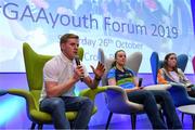 26 October 2019; Clare hurler and footballer Podge Collins with Limerick handball player Martina McMahon, and Galway Camogie player Caitriona Cormica at the #GAAyouth Forum 2019 at Croke Park in Dublin. Photo by Matt Browne/Sportsfile