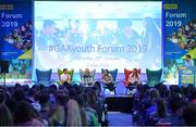 26 October 2019; Clare hurler and footballer Podge Collins with Limerick handball player Martina McMahon, Galway Camogie player Caitriona Cormica, Dublin footballer Ciara Trant and Sky Sports GAA presenter Damian Lawlor at the #GAAyouth Forum 2019 at Croke Park in Dublin. Photo by Matt Browne/Sportsfile