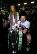 25 October 2019; Dundalk captain Brian Gartland with his wife Bronagh and 3-week-old son Bobbi with the SSE Airtricity League Premier Division trophy following the SSE Airtricity League Premier Division match between Dundalk and St Patrick's Athletic at Oriel Park in Dundalk, Co Louth. Photo by Stephen McCarthy/Sportsfile