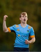 26 October 2019; Ben White of UCD celebrates after his side score a try during the Maxol Conroy Cup final match between University College Dublin and Trinity College Dublin at Terenure College RFC in Lakelands Park, Dublin. Photo by Eóin Noonan/Sportsfile