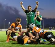 26 October 2019; Tom Farrell of Connacht dives over to score his side's third try during the Guinness PRO14 Round 4 match between Connacht and Toyota Cheetahs at The Sportsground in Galway. Photo by Seb Daly/Sportsfile