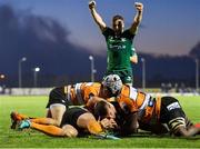 26 October 2019; Tom Farrell of Connacht dives over to score his side's third try during the Guinness PRO14 Round 4 match between Connacht and Toyota Cheetahs at The Sportsground in Galway. Photo by Seb Daly/Sportsfile