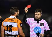 26 October 2019; Referee Ben Whitehouse shows a red card to Dries Swanepoel of Toyota Cheetahs during the Guinness PRO14 Round 4 match between Connacht and Toyota Cheetahs at The Sportsground in Galway. Photo by Seb Daly/Sportsfile