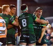26 October 2019; Tom Farrell of Connacht, right, celebrates with team-mates after scoring his side's fourth try during the Guinness PRO14 Round 4 match between Connacht and Toyota Cheetahs at The Sportsground in Galway. Photo by Seb Daly/Sportsfile