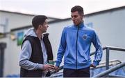 18 October 2019; Former UCD team-mates, Neil Farrugia of Shamrock Rovers, left, and Evan Osam of UCD, in discussion ahead of the SSE Airtricity League Premier Division match between UCD and Shamrock Rovers at The UCD Bowl in Belfield, Dublin. Photo by Ben McShane/Sportsfile
