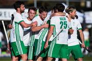 26 October 2019; Shane O'Donoghue, hidden, celebrates with his Ireland team-mates after scoring his side's fifth goal during the FIH Men's Olympic Qualifier match between Canada and Ireland at Rutledge Field, in West Vancouver, British Columbia, Canada. Photo by Darryl Dyck/Sportsfile