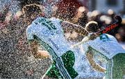 26 October 2019; Shane O'Donoghue of Ireland is obscured by water that splashed off the turf after taking a shot on goal against Canada during the FIH Men's Olympic Qualifier match between Canada and Ireland at Rutledge Field, in West Vancouver, British Columbia, Canada. Photo by Darryl Dyck/Sportsfile