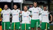 26 October 2019; Ireland players, from left, Eugene Magee, Jeremy Duncan, Stuart Loughrey, Conor Harte and Jonathan Bell sing &quot;Ireland's Call&quot; before a FIH Men's Olympic Qualifier match against Canada at Rutledge Field, in West Vancouver, British Columbia, Canada. Photo by Darryl Dyck/Sportsfile