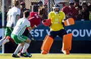 26 October 2019; Ireland goalkeeper David Fitzgerald watches a shot from Floris van Son of Canada as it goes wide of the goal during the first half of a FIH Men's Olympic Qualifier match at Rutledge Field, in West Vancouver, British Columbia, Canada. Photo by Darryl Dyck/Sportsfile