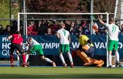 26 October 2019; Floris van Son of Canada, left, has a shot blocked by Chris Cargo of Ireland, second left, during the FIH Men's Olympic Qualifier match at Rutledge Field, in West Vancouver, British Columbia, Canada. Photo by Darryl Dyck/Sportsfile