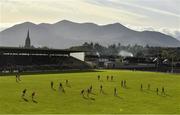 27 October 2019; David Clifford of East Kerry kicks a point despite the best efforts of Trevor Wallace of St Brendan's during the Kerry County Senior Club Football Championship semi-final match between St Brendan's and East Kerry at Fitzgerald Stadium in Killarney, Kerry. Photo by Brendan Moran/Sportsfile