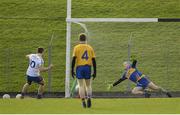 27 October 2019; Eamon Wallace of Ratoath shoots to score his side's first goal of the game via a penalty past Tony McDonnell of Summerhill during the Meath County Senior Club Football Championship Final match between Ratoath and Summerhill at Páirc Tailteann in Navan, Co Meath. Photo by Seb Daly/Sportsfile