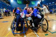 27 October 2019; Ellie Sheehy, left, and Caroline O'Hanlon of Munster celebrate after defeating Leinster during the M.Donnelly GAA Wheelchair Hurling All-Ireland Finals at National Indoor Arena in Abbotstown, Dublin. Photo by David Fitzgerald/Sportsfile