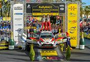 27 October 2019; Ott Tänak and Martin Järveoja celebrate after winning the world rally championship during Round 13 of the FIA World Rally Championship RACC Catalunya in Salou, Spain. Photo by Philip Fitzpatrick/Sportsfile