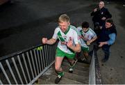 27 October 2019; Ray Cahill of Sarsfields celebrates as his team make their way up the steps to collect the cup following the Kildare County Senior Club Football Championship Final Replay match between Moorefield and Sarsfields at St Conleth's Park in Newbridge, Kildare. Photo by Eóin Noonan/Sportsfile