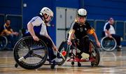 27 October 2019; Sarah Cregg of Connacht in action against Conor McGrotty of Ulster during the M.Donnelly GAA Wheelchair Hurling All-Ireland Finals at National Indoor Arena in Abbotstown, Dublin. Photo by David Fitzgerald/Sportsfile