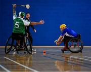 27 October 2019; Maurice Noonan of Munster in action against Dermot Berry of Leinster during the M.Donnelly GAA Wheelchair Hurling All-Ireland Finals at National Indoor Arena in Abbotstown, Dublin. Photo by David Fitzgerald/Sportsfile