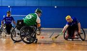 27 October 2019; Maurice Noonan of Munster in action against John Scott of Leinster during the M.Donnelly GAA Wheelchair Hurling All-Ireland Finals at National Indoor Arena in Abbotstown, Dublin. Photo by David Fitzgerald/Sportsfile