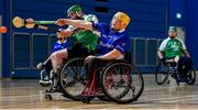 27 October 2019; Dermot Berry of Leinster in action against Maurice Noonan of Munster during the M.Donnelly GAA Wheelchair Hurling All-Ireland Finals at National Indoor Arena in Abbotstown, Dublin. Photo by David Fitzgerald/Sportsfile