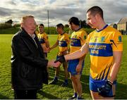 27 October 2019; Former Meath footballer Ken Rennicks meets Summerhill players prior to the Meath County Senior Club Football Championship Final match between Ratoath and Summerhill at Páirc Tailteann in Navan, Co Meath. Photo by Seb Daly/Sportsfile