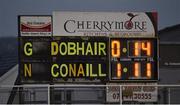 27 October 2019; The scoreboard after extra time in the Donegal County Senior Club Football Championship Final Replay match between Gaoth Dobhair and Naomh Conaill at Mac Cumhaill Park in Ballybofey, Donegal. Photo by Oliver McVeigh/Sportsfile