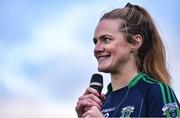 27 October 2019; Foxrock-Cabinteely captain Amy Connolly makes a speech following the Leinster Ladies Football Senior Club Championship Final match between Foxrock-Cabinteely and Sarsfields at Coralstown-Kinnegad GAA in Kinnegad, Co. Westmeath. Photo by Ben McShane/Sportsfile