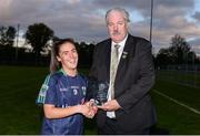 27 October 2019; Lorna Fusciardi of Foxrock-Cabinteely is presented the Player of the Match award by from Dominic Leech, Leinster LGFA President, following the Leinster Ladies Football Senior Club Championship Final match between Foxrock-Cabinteely and Sarsfields at Coralstown-Kinnegad GAA in Kinnegad, Co. Westmeath. Photo by Ben McShane/Sportsfile