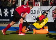 27 October 2019; Ireland goalkeeper David Fitzgerald allows a shootout goal to Gordon Johnston of Canada during the FIH Men's Olympic Qualifier match at Rutledge Field, in West Vancouver, British Columbia, Canada. Photo by Darryl Dyck/Sportsfile