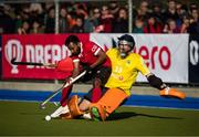 27 October 2019; Keegan Pereira of Canada, collides with Ireland goalkeeper David Fitzgerald during a shootout in the FIH Men's Olympic Qualifier match at Rutledge Field, in West Vancouver, British Columbia, Canada. Photo by Darryl Dyck/Sportsfile