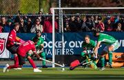 27 October 2019; Keegan Pereira of Canada fails to score as Lee Cole of Ireland, second right, and Conor Harte, right, defend during the second half of the FIH Men's Olympic Qualifier match at Rutledge Field, in West Vancouver, British Columbia, Canada. Photo by Darryl Dyck/Sportsfile