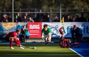 27 October 2019; Sean Murray of Ireland, centre, collides with James Kirkpatrick of Canada, right, as Brenden Bissett, left reaches for the ball during the second half of the FIH Men's Olympic Qualifier match at Rutledge Field, in West Vancouver, British Columbia, Canada. Photo by Darryl Dyck/Sportsfile