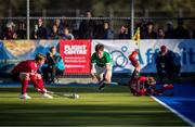 27 October 2019; Sean Murray of Ireland, centre, collides with James Kirkpatrick of Canada, right, as Brenden Bissett, left reaches for the ball during the second half of the FIH Men's Olympic Qualifier match at Rutledge Field, in West Vancouver, British Columbia, Canada. Photo by Darryl Dyck/Sportsfile