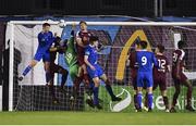 28 October 2019; Darragh Power of Waterford United, left, heads to score his side's second goal, despite the efforts of Galway United goalkeeper Sam O'Gorman, during the SSE Airtricity Under-19 League Final match between Galway United and Waterford at Eamonn Deacy Park in Galway. Photo by Sam Barnes/Sportsfile