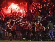 28 October 2019; Chris Lyons of Drogheda United, right, celebrates after scoring his side's first goal with team-mates during the SSE Airtricity League Promotion / Relegation Play-off Final 1st Leg match between Drogheda United and Finn Harps at United Park in Drogheda, Co Louth. Photo by Harry Murphy/Sportsfile