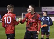 28 October 2019; Stephen Meaney, right, and Jamie Hollywood of Drogheda United celebrate following the SSE Airtricity League Promotion / Relegation Play-off Final 1st Leg match between Drogheda United and Finn Harps at United Park in Drogheda, Co Louth. Photo by Harry Murphy/Sportsfile