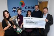 30 October 2019; Leinster Rugby hosted a Champions of 2009 Gala Dinner in the RDS in May and as part of the night the Leinster Rugby team of 2009 nominated CMRF Crumlin as their charity of choice. CMRF Crumlin provides vital funding for CHI Crumlin, previously known as Our Lady's Children's Hospital, Crumlin, and The National Children's Research Centre. The event raised €25,000 for CMRF Crumlin and representatives from the 2009 squad, Shane Jennings and Gordon D’Arcy were in attendance today to make the donation to CMRF Crumlin on behalf of the squad. In attendance at the presentation were, from left, Alison Reynolds, Sarah O’Suilleabháin, Gráinne Kennedy, from CMRF Crumlin Children's Hospital, with Shane Jennings and Gordon D’Arcy. Photo by Matt Browne/Sportsfile