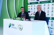 29 October 2019; Republic of Ireland manager Mick McCarthy and FAI Director of Communications Cathal Dervan, left, during his squad announcement press conference at SSE Airtricity Headquarters in Leopardstown, Dublin. Photo by Stephen McCarthy/Sportsfile