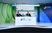 29 October 2019; Republic of Ireland manager Mick McCarthy and FAI Director of Communications Cathal Dervan, left, during his squad announcement press conference at SSE Airtricity Headquarters in Leopardstown, Dublin. Photo by Stephen McCarthy/Sportsfile