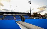29 October 2019; The artificial pitch being laid ahead of the Women’s Hockey Olympic Qualifier games at Energia Park in Donnybrook, Dublin. Photo by David Fitzgerald/Sportsfile