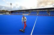 29 October 2019; Olli Gehrke working on the artificial pitch ahead of the Women’s Hockey Olympic Qualifier games at Energia Park in Donnybrook, Dublin. Photo by David Fitzgerald/Sportsfile