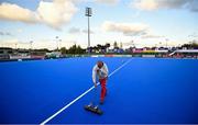 29 October 2019; Olli Gehrke working on the artificial pitch ahead of the Women’s Hockey Olympic Qualifier games at Energia Park in Donnybrook, Dublin. Photo by David Fitzgerald/Sportsfile