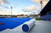 29 October 2019; A view of the artificial pitch being laid ahead of the Women’s Hockey Olympic Qualifier games at Energia Park in Donnybrook, Dublin. Photo by David Fitzgerald/Sportsfile
