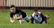 30 October 2019; Alex Flynn of Metro Area scores a try for his side despite the tackle of Davy Williams of Midlands Area during the 2019 Shane Horgan Cup Second Round match between Midlands Area and Metro Area at Tullamore RFC in Tullamore, Offaly. Photo by Matt Browne/Sportsfile