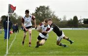 30 October 2019; Ross Ashmore of Midlands Area scores a try despite the tackle of Taylor O'Sullivan of  Metro Area during the 2019 Shane Horgan Cup Second Round match between Midlands Area and Metro Area at Tullamore RFC in Tullamore, Offaly. Photo by Matt Browne/Sportsfile