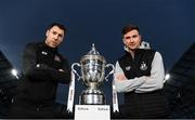 30 October 2019; Brian Gartland of Dundalk and Ronan Finn of Shamrock Rovers with the extra.ie FAI Cup during an FAI Cup Finals Media Day at the Aviva Stadium in Dublin. Photo by Harry Murphy/Sportsfile