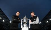 30 October 2019; Brian Gartland of Dundalk and Ronan Finn of Shamrock Rovers with the extra.ie FAI Cup during an FAI Cup Finals Media Day at the Aviva Stadium in Dublin. Photo by Harry Murphy/Sportsfile