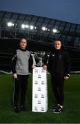 30 October 2019; Kylie Murphy of Wexford Youths and Aine O'Gorman of Peamount United with the Só Hotels FAI Women's Cup during an FAI Cup Finals Media Day at the Aviva Stadium in Dublin. Photo by Harry Murphy/Sportsfile