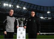 30 October 2019; Kylie Murphy of Wexford Youths and Aine O'Gorman of Peamount United with the Só Hotels FAI Women's Cup during an FAI Cup Finals Media Day at the Aviva Stadium in Dublin. Photo by Harry Murphy/Sportsfile